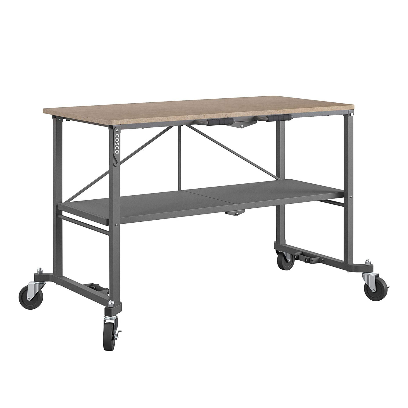 COSCO SmartFold Butcher Block Portable Workbench / Folding Utility Table (Hardwood Top, 700LB Total Weight Capacity, Locking Casters, Gray Steel Frame, 1 Pack)