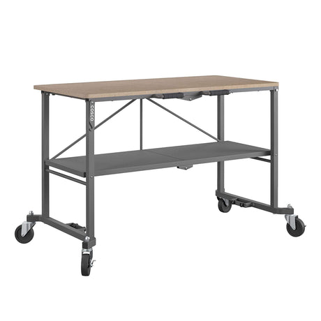 COSCO SmartFold Butcher Block Portable Workbench / Folding Utility Table (Hardwood Top, 700LB Total Weight Capacity, Locking Casters, Gray Steel Frame, 1 Pack)
