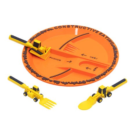 Constructive Eating Plate and Utensils Set - USA-Made Toddler Dinnerware with Divided Plates (Dinosaur)