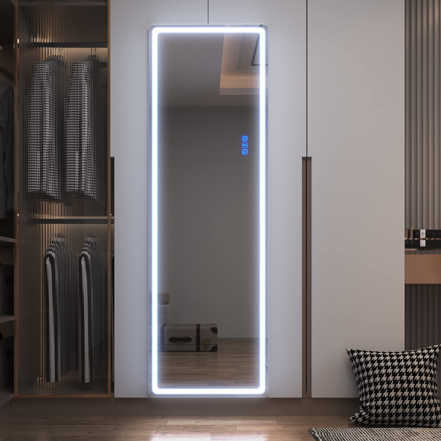 LVSOMT LED RGB Full Length Mirror, Full Body Mirror with Lights, Wall Mounted Lighted Mirror, Over The Door Hanging Mirror, 14 LED Light + Dimmable Brightness + Adjustable Speed, 47" x 16"