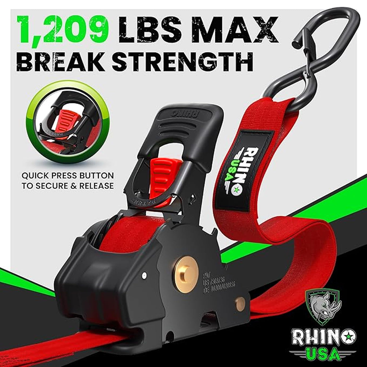 Rhino USA Retractable Ratchet Straps (4-Pack) - 1 Inch x 10 Feet (1,209lb Break Strength) - Heavy Duty Auto Self Retracting Tie Down Straps for Truck, Cargo Trailer, Motorcycle, Rad & More - Green