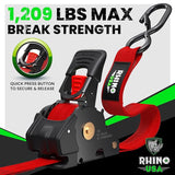 Rhino USA Retractable Ratchet Straps (4-Pack) - 1 Inch x 10 Feet (1,209lb Break Strength) - Heavy Duty Auto Self Retracting Tie Down Straps for Truck, Cargo Trailer, Motorcycle, Rad & More - Green