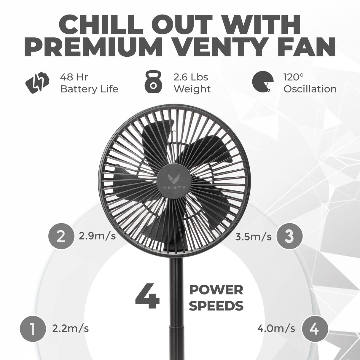 VENTY Original Portable Fan - Wireless Battery Operated Fan With 4 Speeds, LED Lighting, Carry Case & Remote Control - Premium Travel Rechargeable Fan & Power Bank With USB & USB-C Ports (Black)