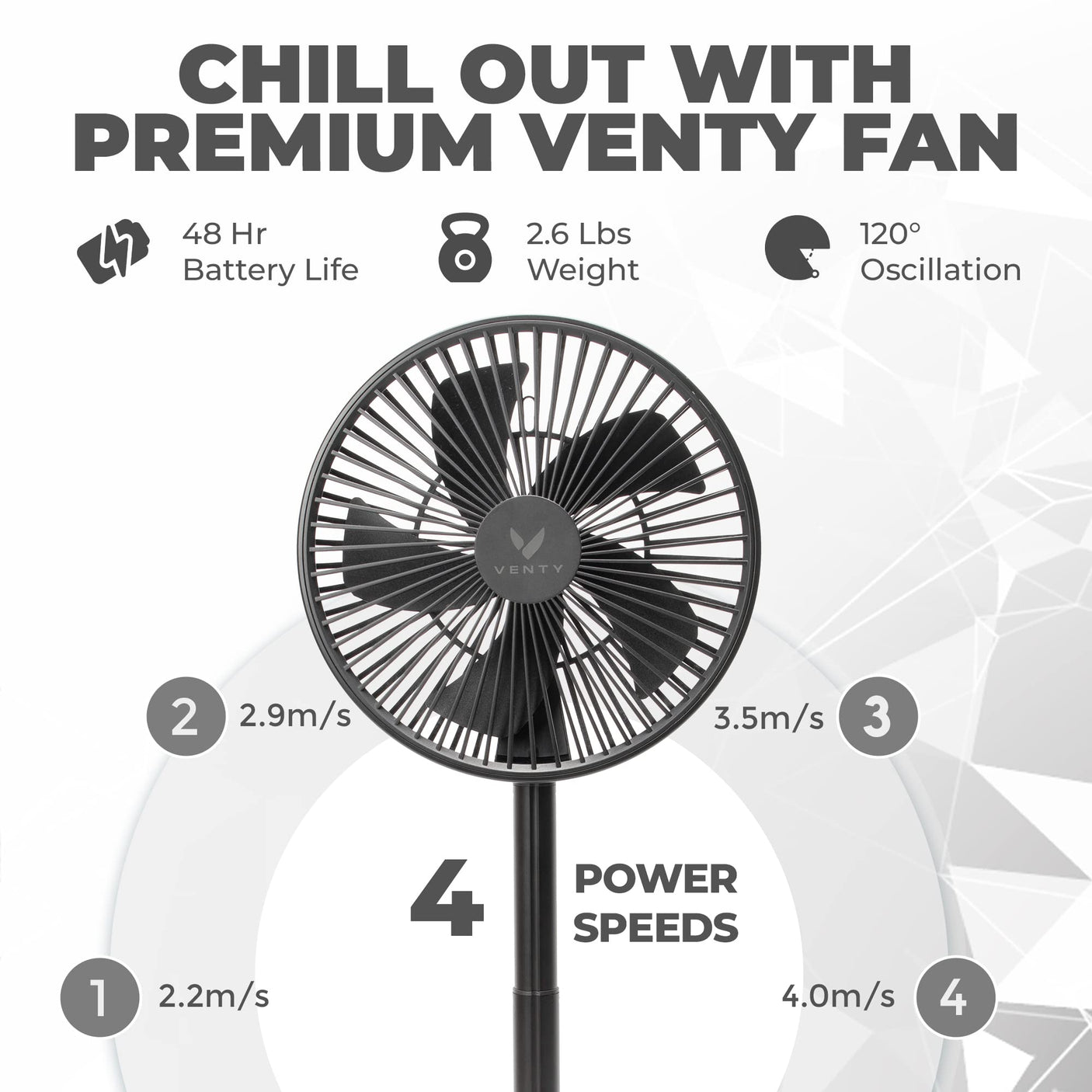 VENTY Original Portable Fan - Wireless Battery Operated Fan With 4 Speeds, LED Lighting, Carry Case & Remote Control - Premium Travel Rechargeable Fan & Power Bank With USB & USB-C Ports (Black)
