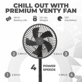 VENTY Original Portable Fan - Wireless Battery Operated Fan With 4 Speeds, LED Lighting, Carry Case & Remote Control - Premium Travel Rechargeable Fan & Power Bank With USB & USB-C Ports (Black)