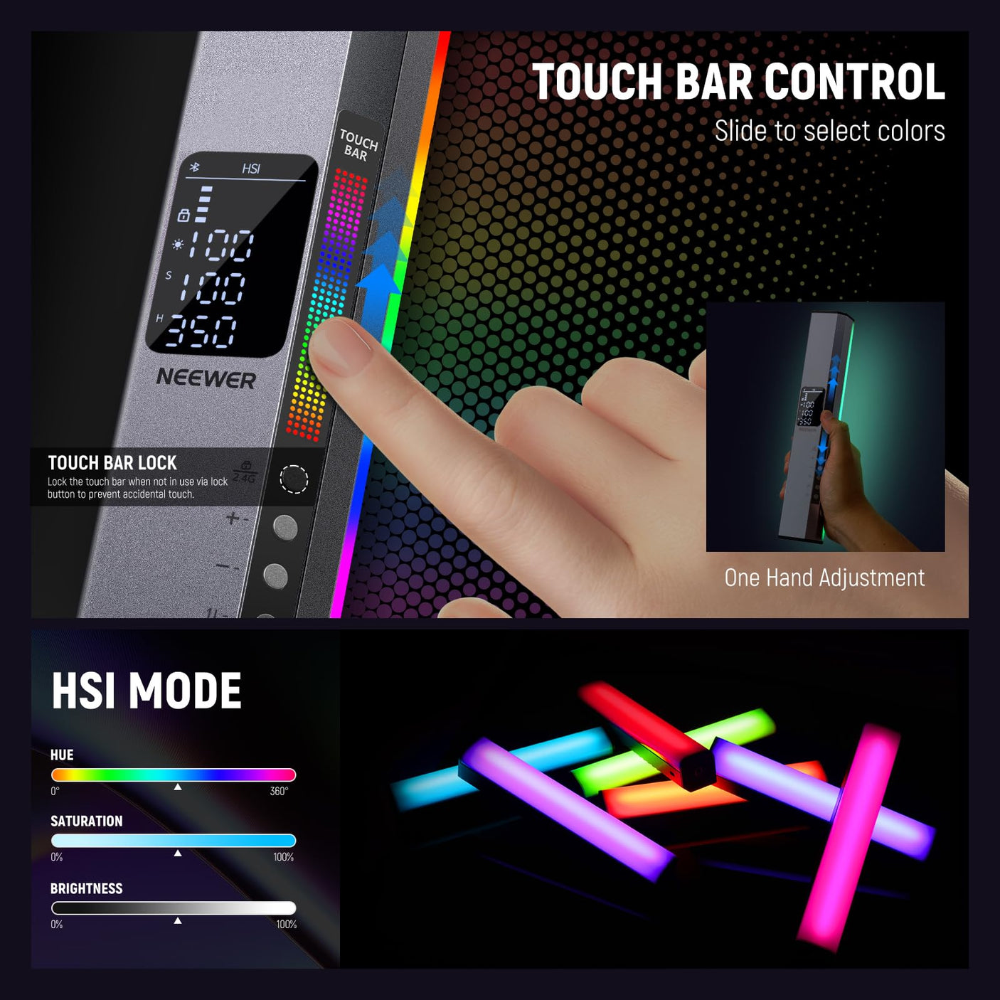 NEEWER RGB LED Video Light Stick, Touch Bar & APP Control, Magnetic Handheld Photography Lighting Wand, Dimmable 3200K~5600K CRI98+ Full Color LED Light with 6400mAh Battery, 17 Scenes, RGB1