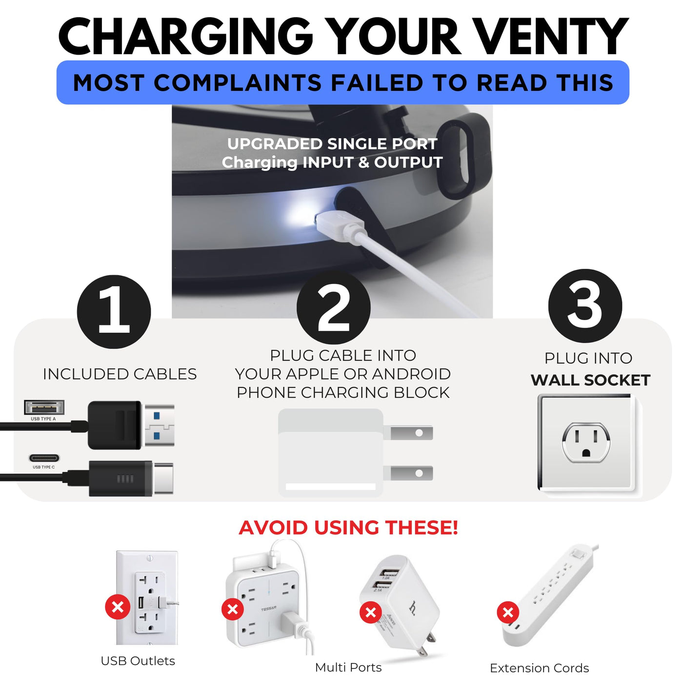 VENTY Original Portable Fan - Wireless Battery Operated Fan With 4 Speeds, LED Lighting, Carry Case & Remote Control - Premium Travel Rechargeable Fan & Power Bank With USB & USB-C Ports (Black)