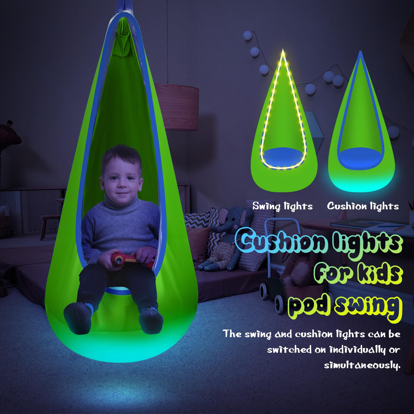 Light Up Kids Pod Swing Seat, Upgraded Kids Hanging Hammock Swing with LED Lights, Cotton Sensory Pod Swing Chair with Inflatable Pillow, Pod Swing for Kids Indoor & Outdoor (1 PCS) (Blue)