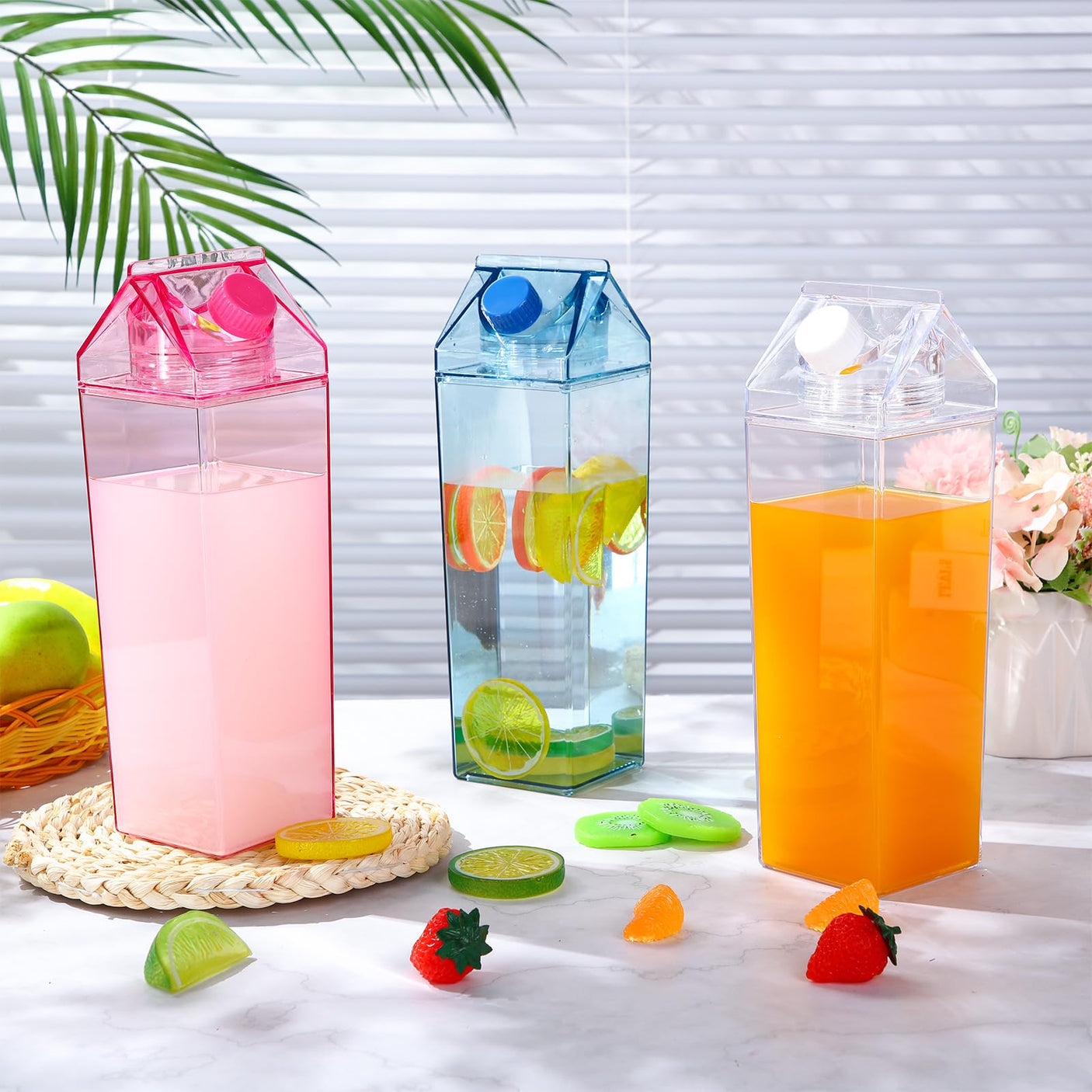 Remerry 3 Pcs Milk Carton Water Bottle Square Plastic Coffee Portable Reusable Milk Carton Cup Leakproof Juice Bottle