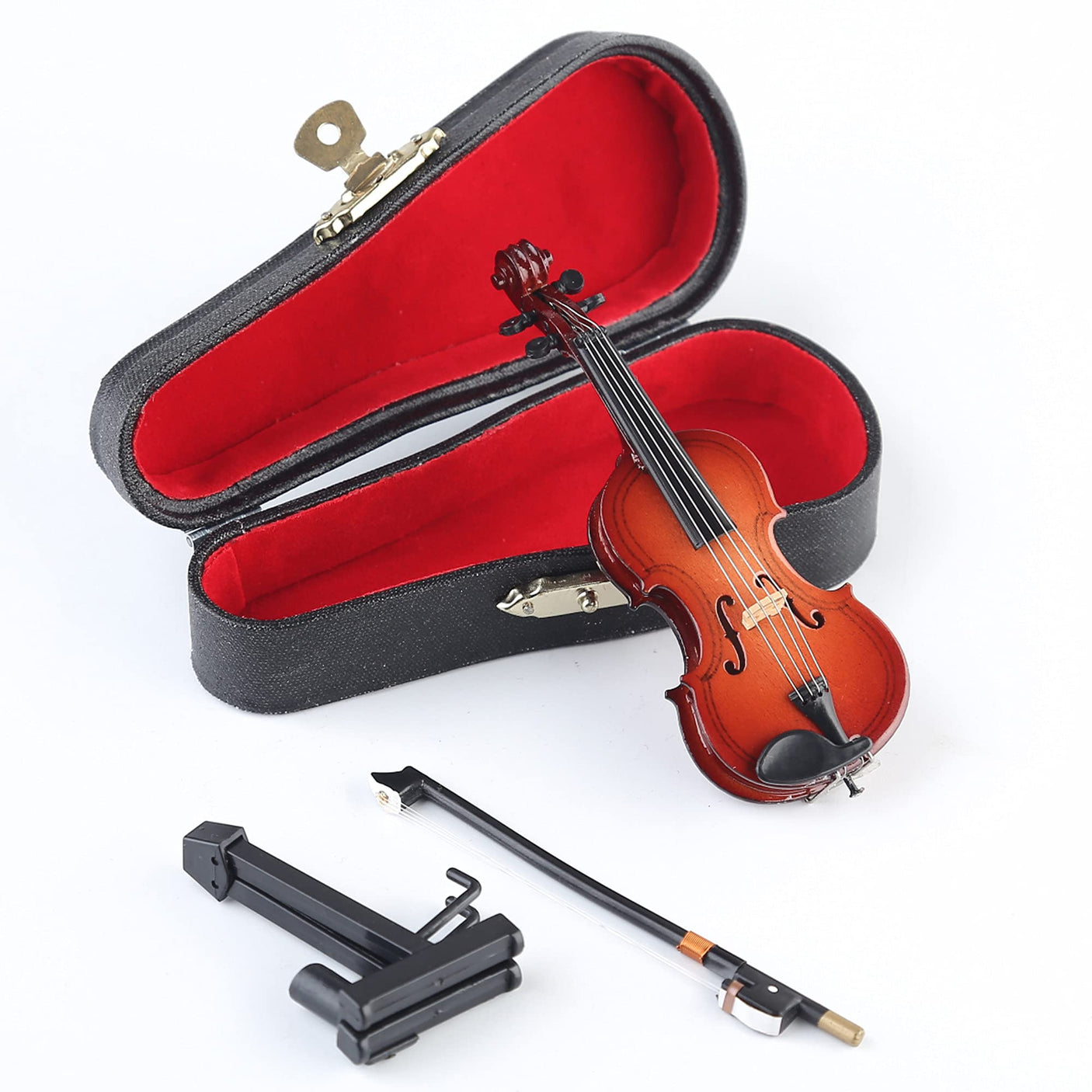 Wooden Miniature Violin with Stand, Bow and Case Mini Musical Instrument Violin Replica Collectible Figurines Dollhouse Accessories Model Home Decoration Display Ornament (3.15"x1.18"x0.59")
