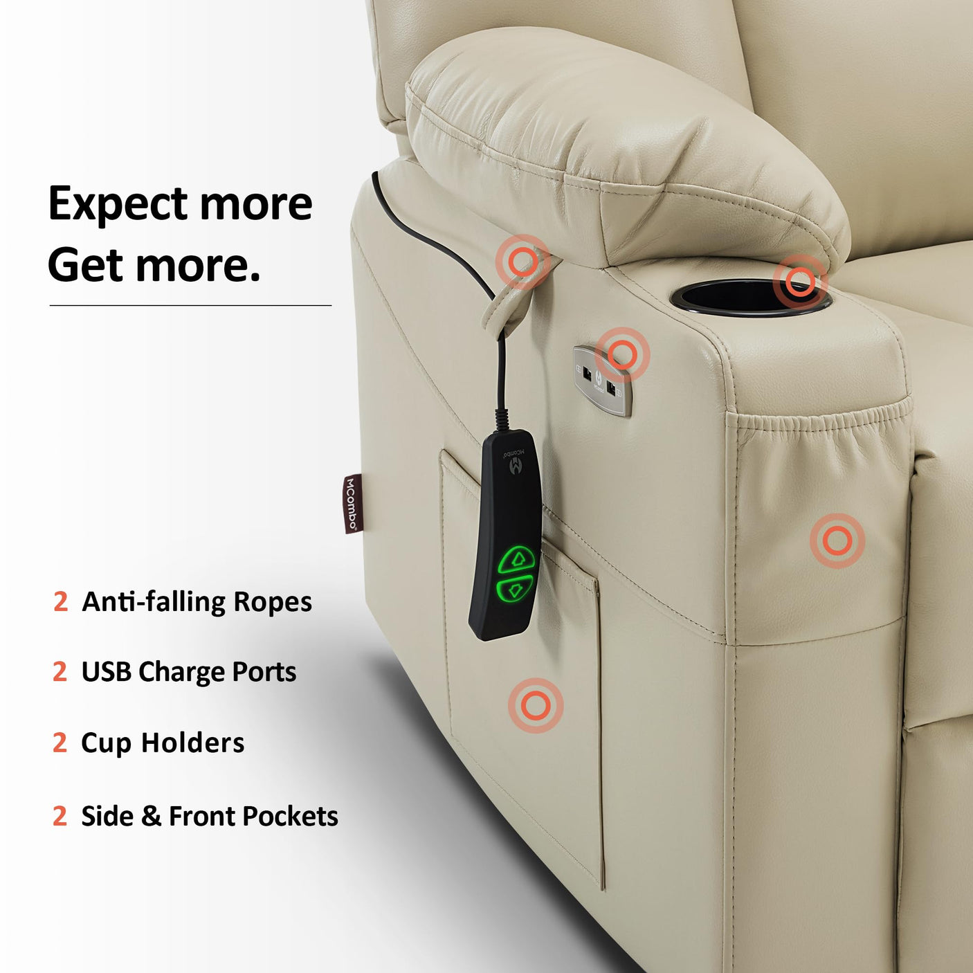 MCombo Power Lift Recliner Chair for Elderly, Lift Chair with Heat and Massage, USB Ports, Cup Holders, Faux Leather 7519 (Medium, Dark Brown)