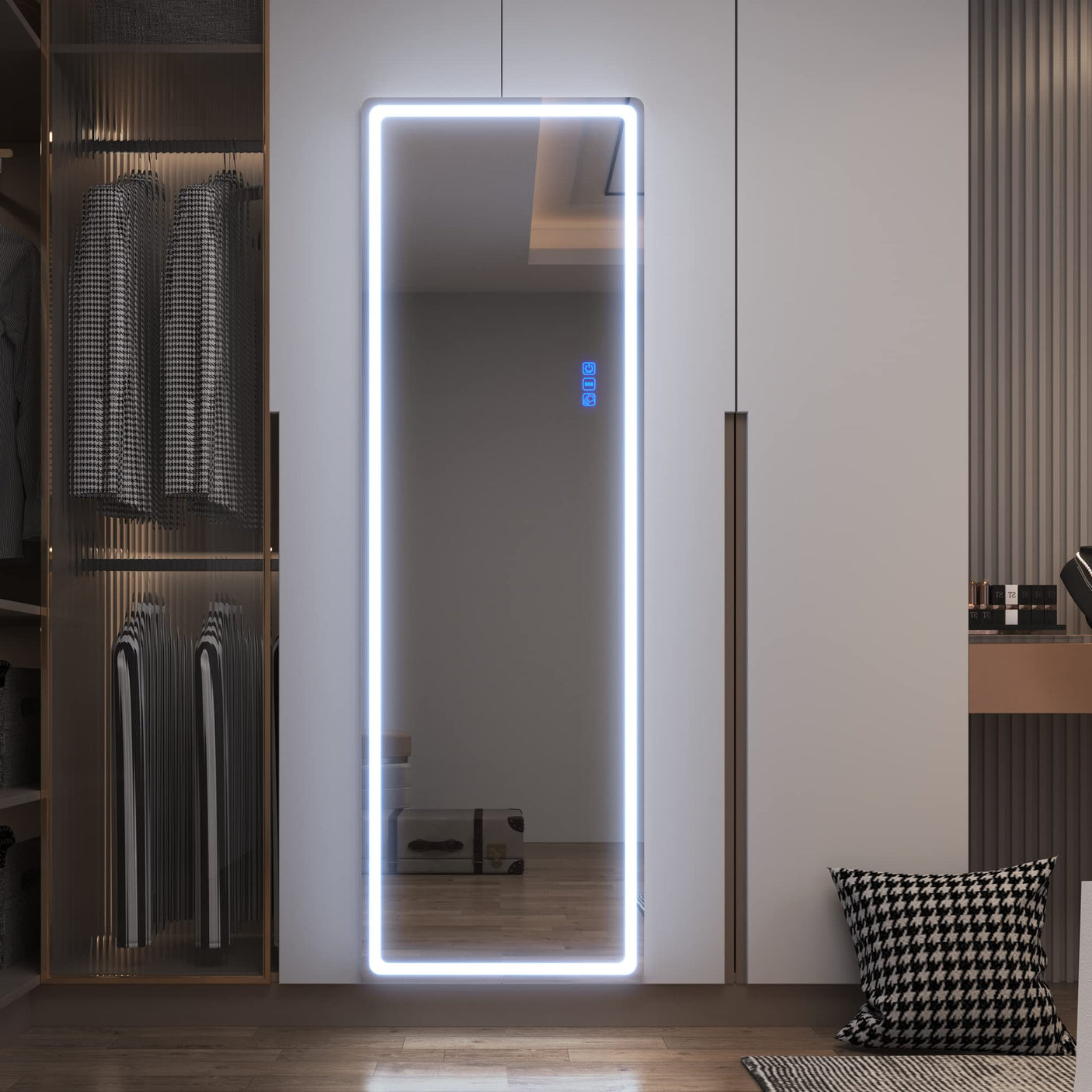 LVSOMT LED RGB Full Length Mirror, Full Body Mirror with Lights, Wall Mounted Lighted Mirror, Over The Door Hanging Mirror, 14 LED Light + Dimmable Brightness + Adjustable Speed, 47" x 16"