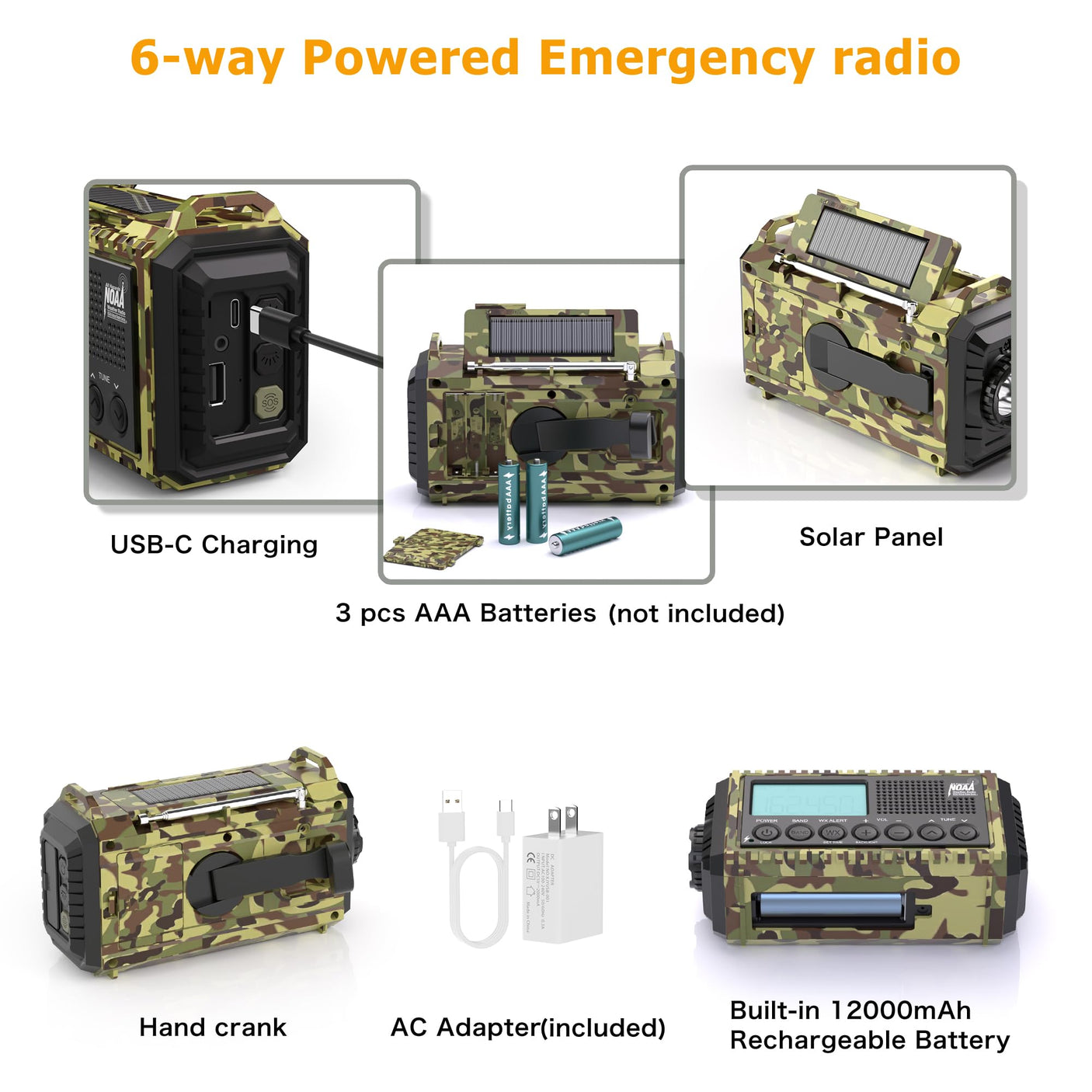 NOAA Weather Radio, Emergency Hand Crank Radio with Solar Charger, Portable Battery Operated AM FM Shortwave Radio with LED Flashlight, USB Charger, Earbud Jack, SOS Alert for Home Survival Hurricane