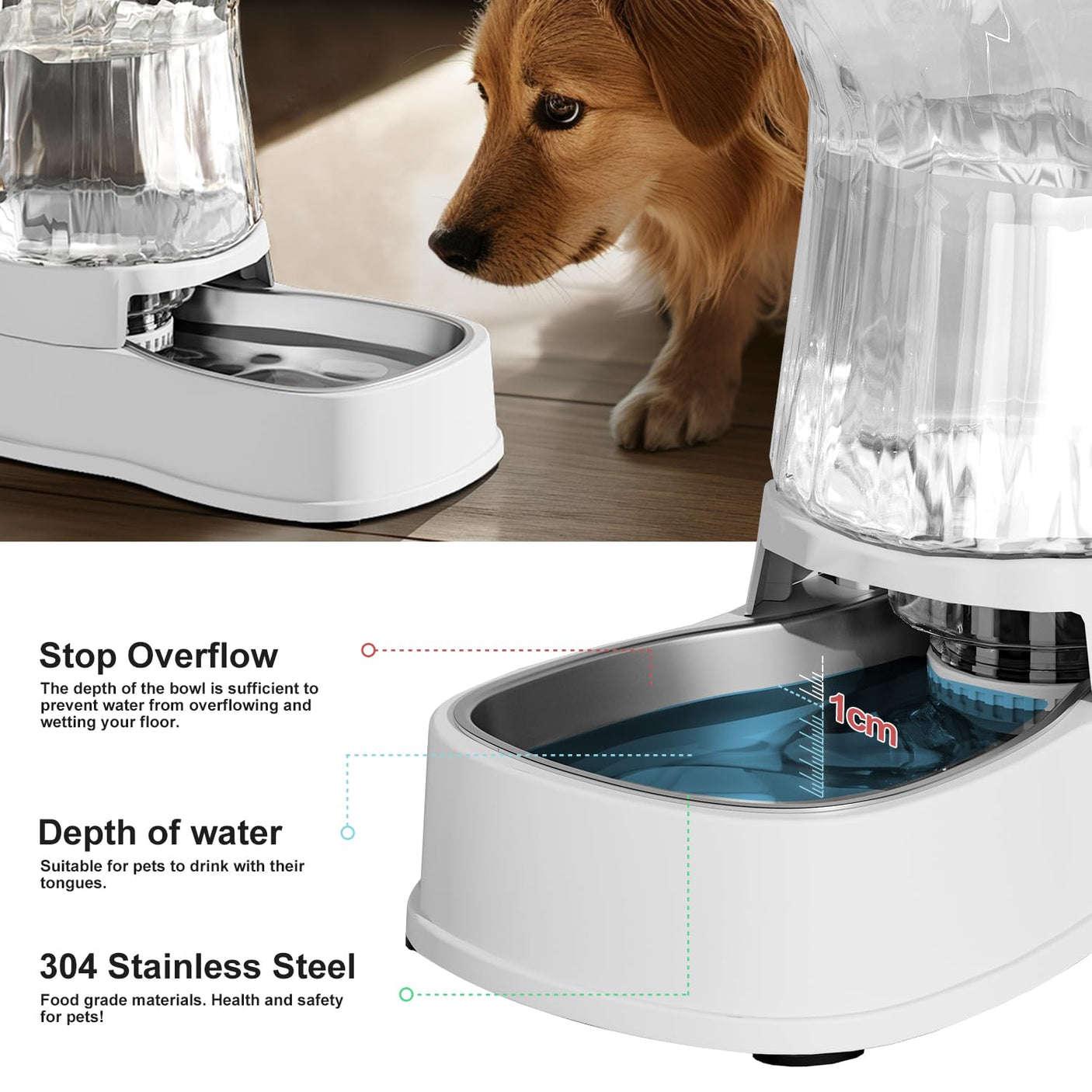 Gardner Pet Automatic Dog Water Dispenser Gravity Stainless Steel Water Waterer Feeder, 100% BPA-Free Large Capacity Water Feeding Bowls for Medium & Large-Sized Dogs Cats Other Pets -(1 Gallon)
