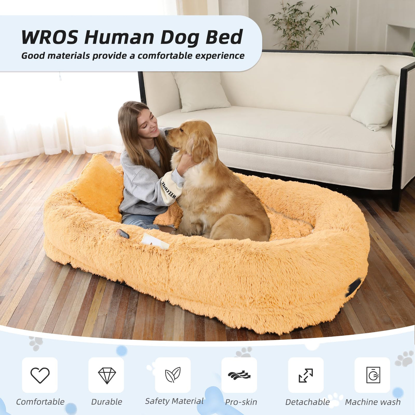 Human Dog Bed, Large Dog Beds for Humans Size Fits You and Pets, Washable Faux Fur Orthopedic Human Pet Bed for People Doze Off, Napping, Present Pillow, Blanket, Strap - Khaki