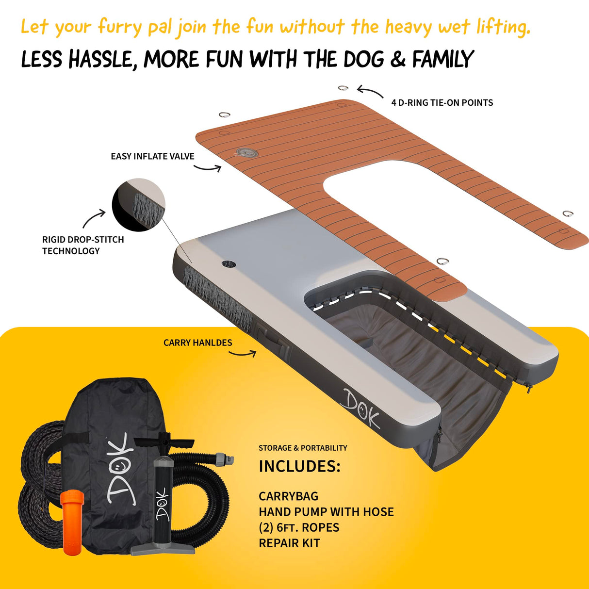 DOK Dog-DOK Inflatable Dock Platform: Safe & Easy Water Access for Dogs Up to 230 lbs; Floating Non-Slip EVA Foam with Dog Boat Ramp for Pool, Dock, & Lake | Military Grade & High Visibility