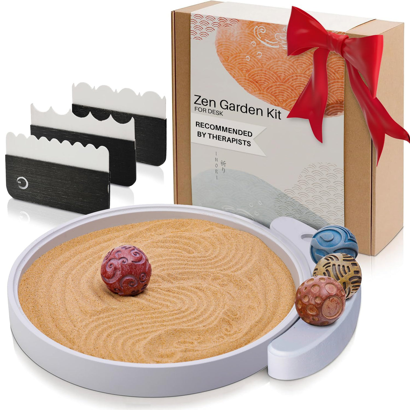 Japanese Zen Garden Kit for Desk - Premium Sand Garden - Mini Zen Décor Office Desktop Accessories - Bamboo Crafted Meditation Therapy Tray - Gift Set - 4 Stamp Spheres Natural Rake Custom Holder
