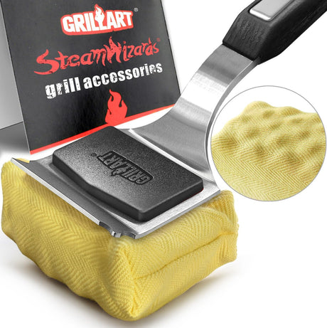 GRILLART Grill Brush Bristle Free. SteamWizards BBQ Replaceable Cleaning Head, Unique Seamless-Fit Scraper Tool for Cast Iron/Stainless-Steel Grates, Safe Barbecue Grill Cleaner-Red