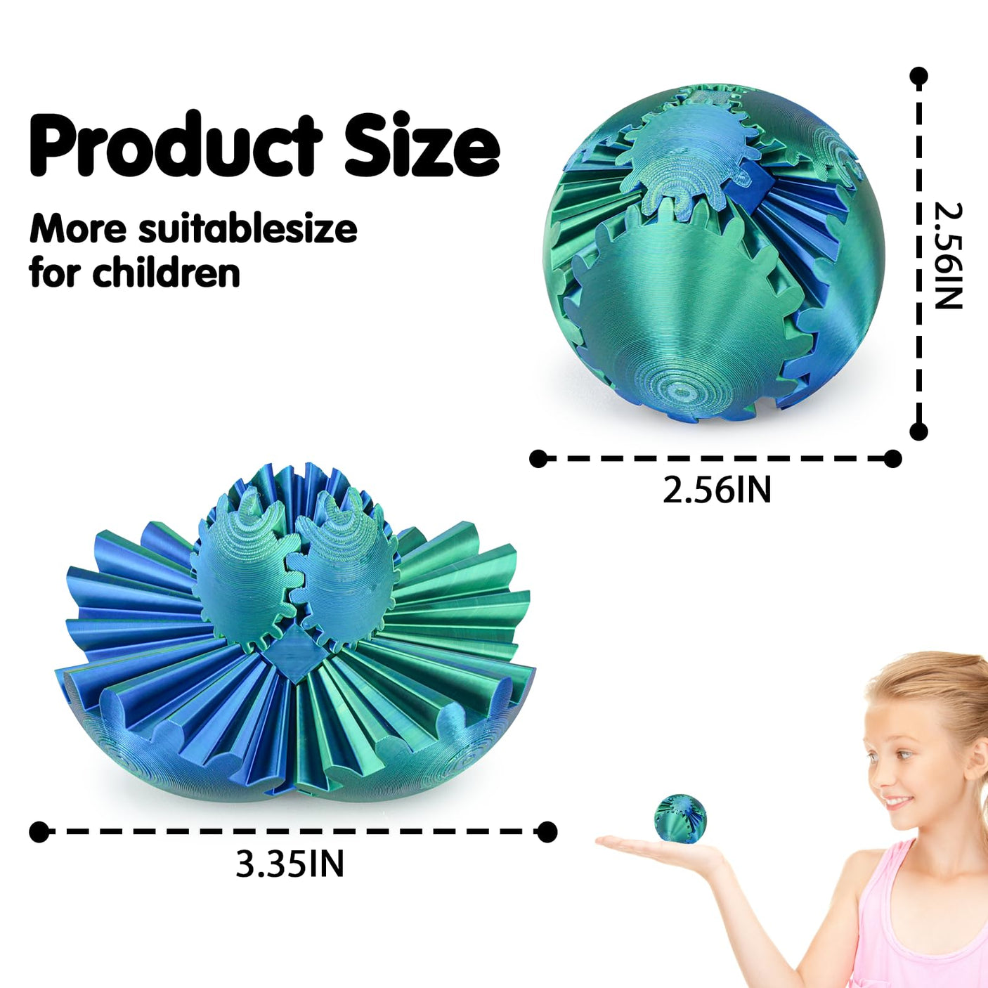 Gear Ball 3D Printed Cube Fidget Toy,Gear Sphere Fidget Toys,Sensory Toys for Stress and Anxiety Relief, Desk Toy Fidget Spinners,Stocking Stuffers for Adults & Kids Gift(Blue Green, 3.1 Inch)