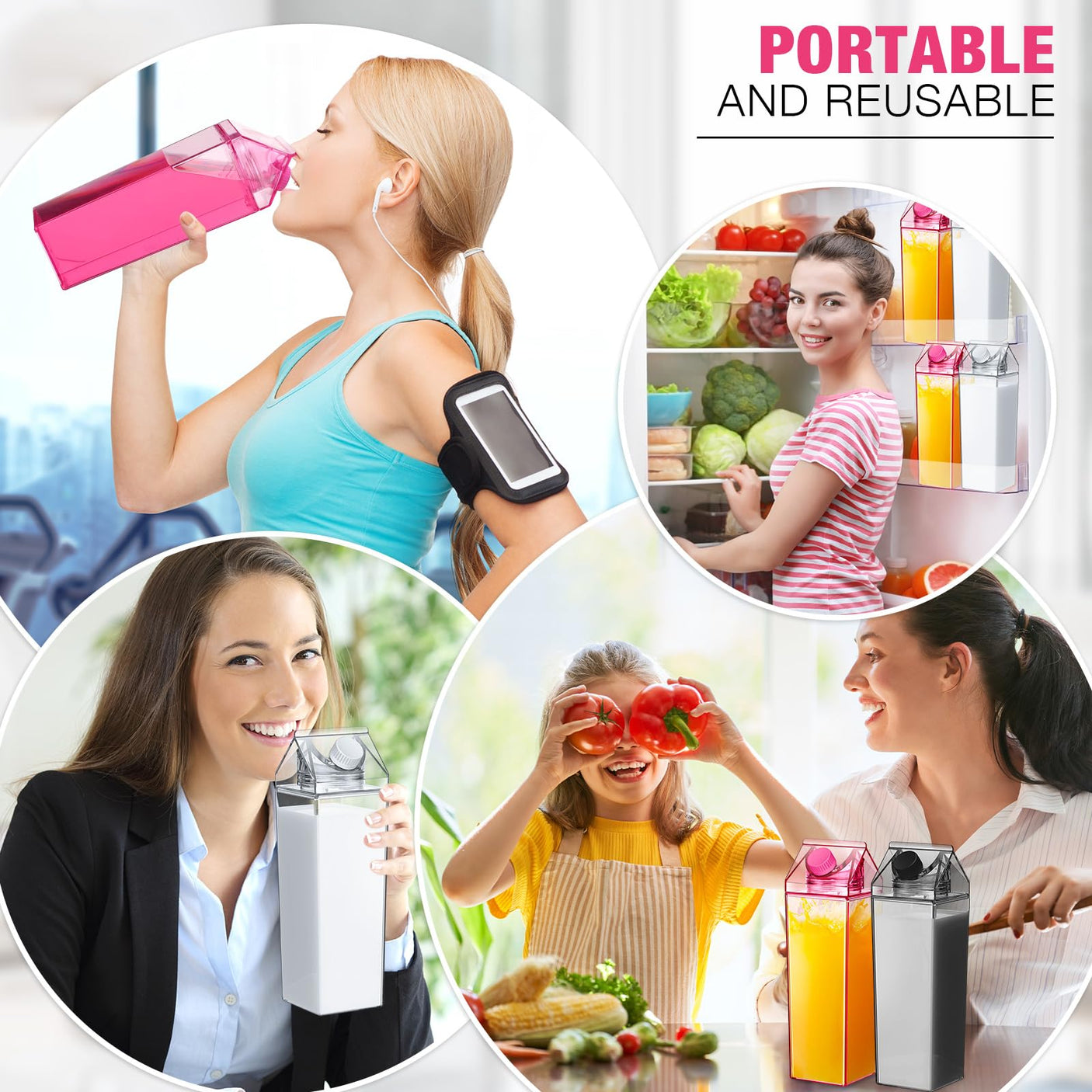 Remerry 3 Pcs Milk Carton Water Bottle Square Plastic Coffee Portable Reusable Milk Carton Cup Leakproof Juice Bottle