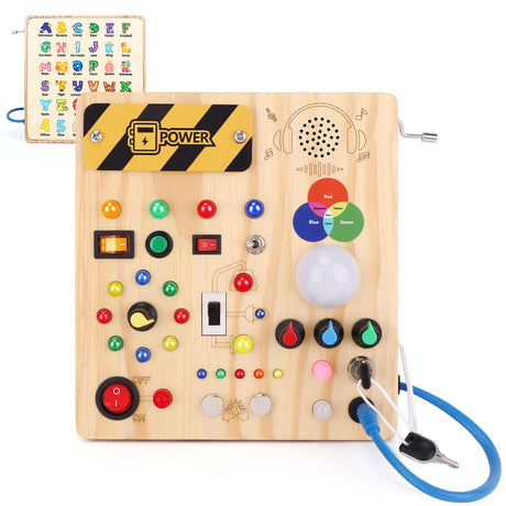 Busy Board, Montessori Toy for 1-3 Years Old, Wooden Toddler Sensory Travel Toy, Ideal Gift for 1+ Year Old Boys (Busy Board Plus V2), Medium, Yellow
