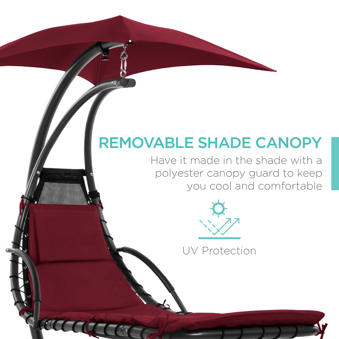 Best Choice Products Outdoor Hanging Curved Steel Chaise Lounge Chair Swing w/Built-in Pillow and Removable Canopy -Red