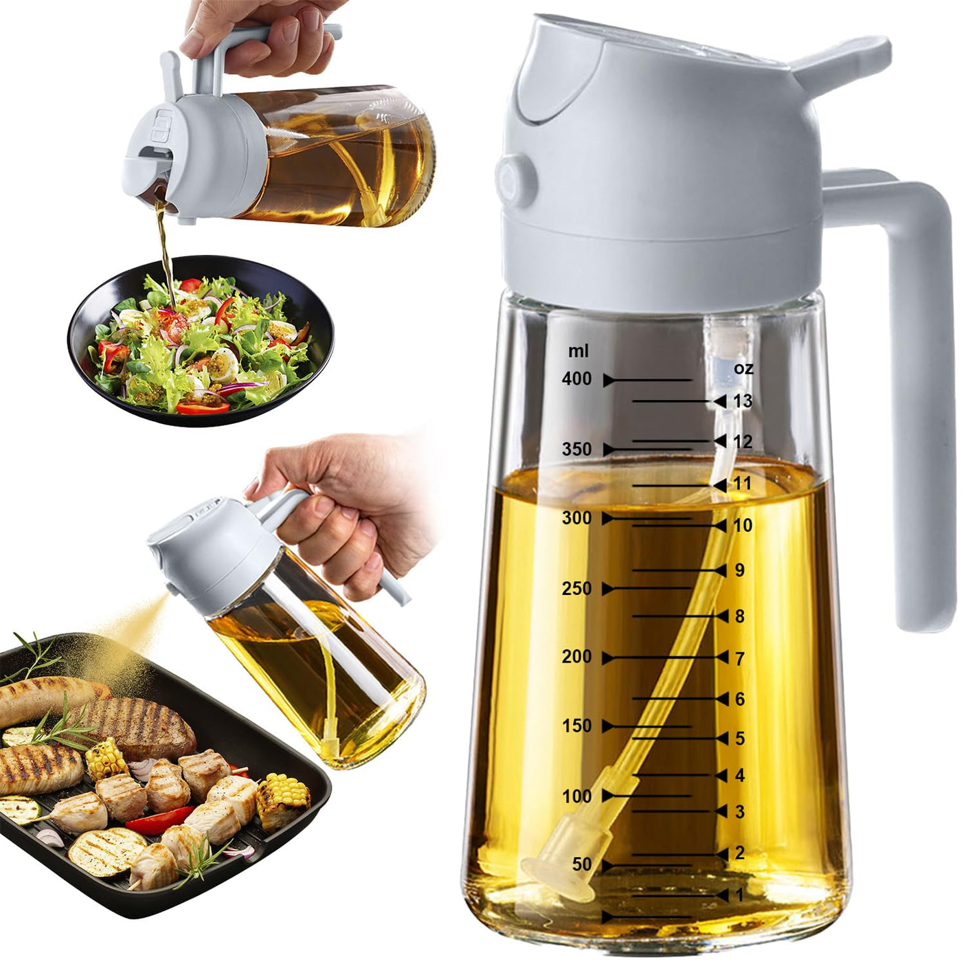 TrendPlain 16oz/470ml Glass Olive Oil Sprayer for Cooking - 2 in 1 Olive Oil Dispenser for Kitchen Gadgets, Air Fryer, Salad, and BBQ - Navy