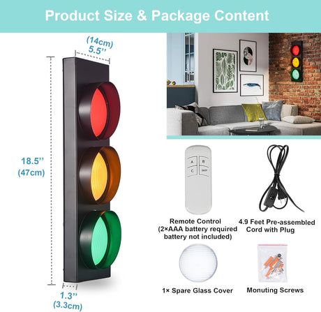 Traffic Light Wall Lamp Remote Control Retro Kids Bedroom Stop Light, Plug in Industrial LED Wall Sconce, 18.5’’ Vintage Fun Signal Lights for Home Office Bar Garage Car Room Decor Christmas