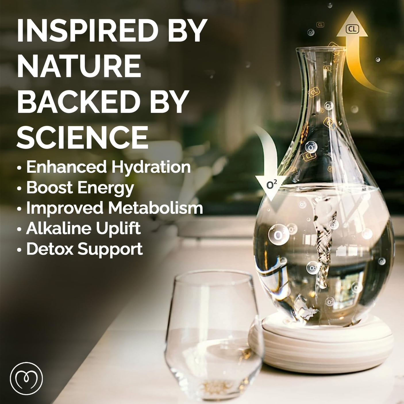 MAYU Swirl Carafe | Hand-Blown Glass – Enhances Oxygenation & Taste, Creates Structured Water w/Natural Swirl, BPA-Free Lid, Ideal as Bedside Carafe & Filter Pitcher Alternative | 51 oz (Earth Base)