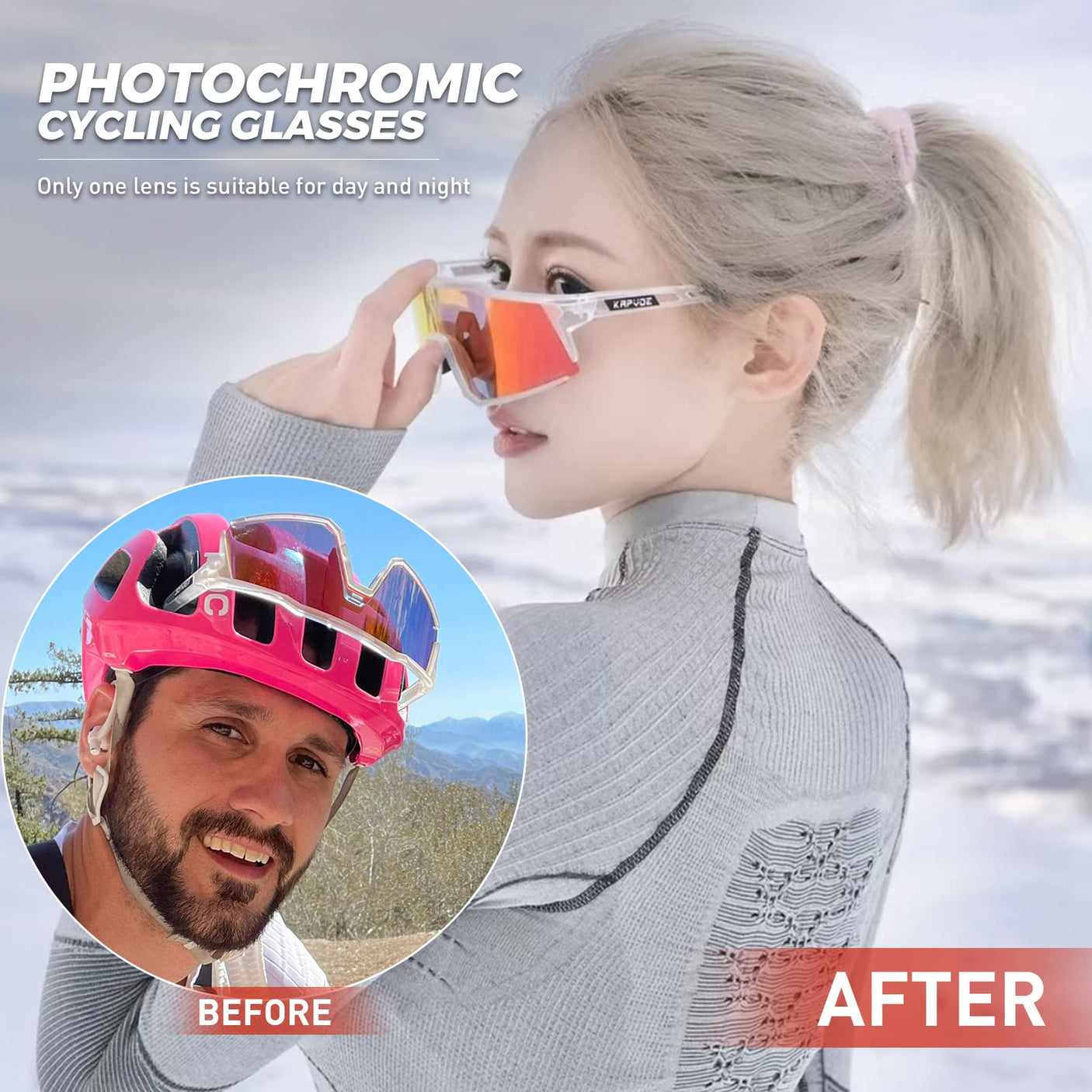 KAPVOE Photochromic Cycling Glasses MTB Clear Mountain Bike Transition Bicycle Sunglasses for Men Women - K9022