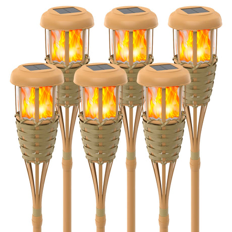 Flickering Flames Solar Powered Lights - Upgraded Solar Torches Waterproof Outdoor Decorative Lighting Auto On/Off, Handmade Bamboo Finish, 2-Pack
