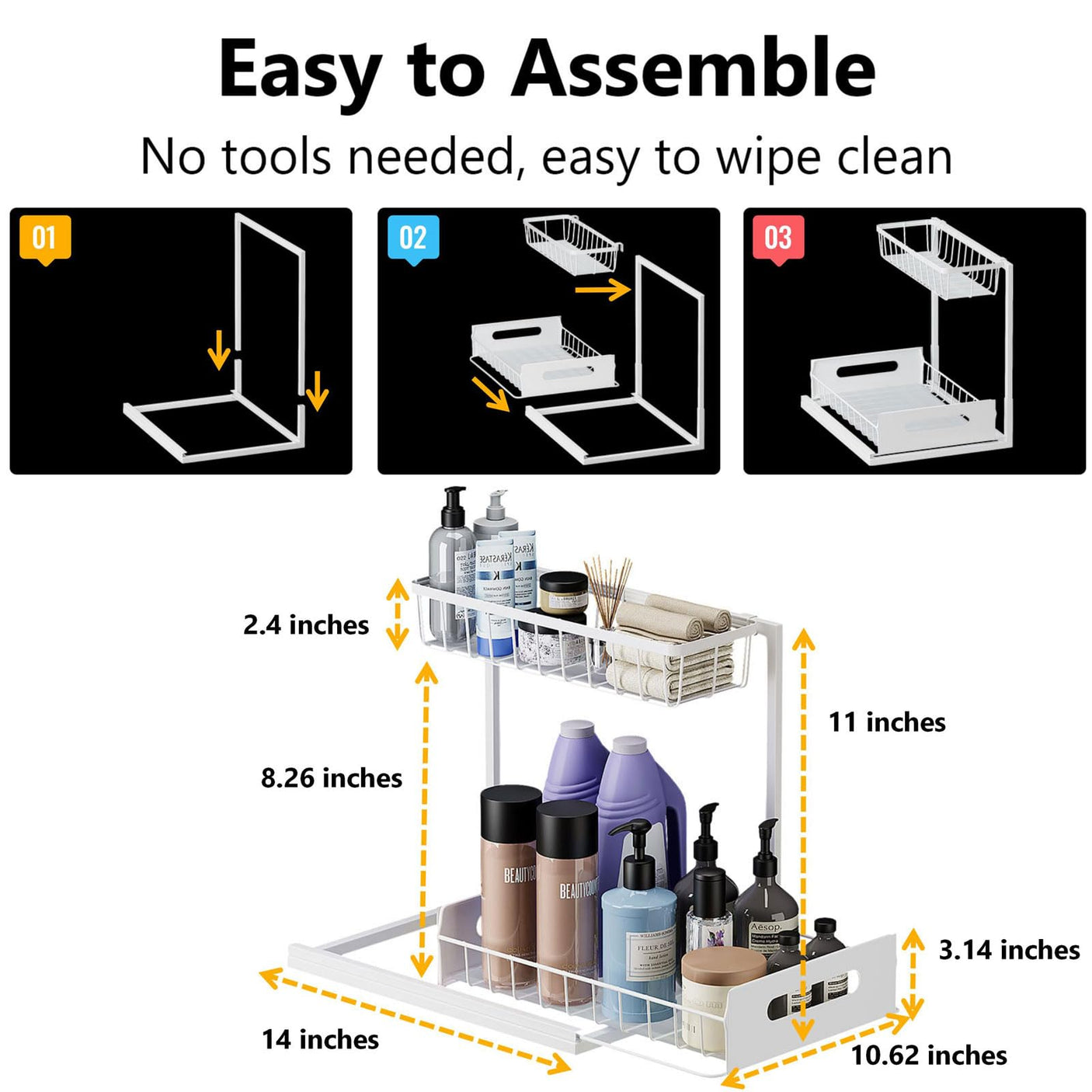 Under Sink Organizers and Storage 2 Tier Slide Out Kitchen Cabinet Organizer Sturdy Metal Bathroom Storage (Black, 1 Pack)