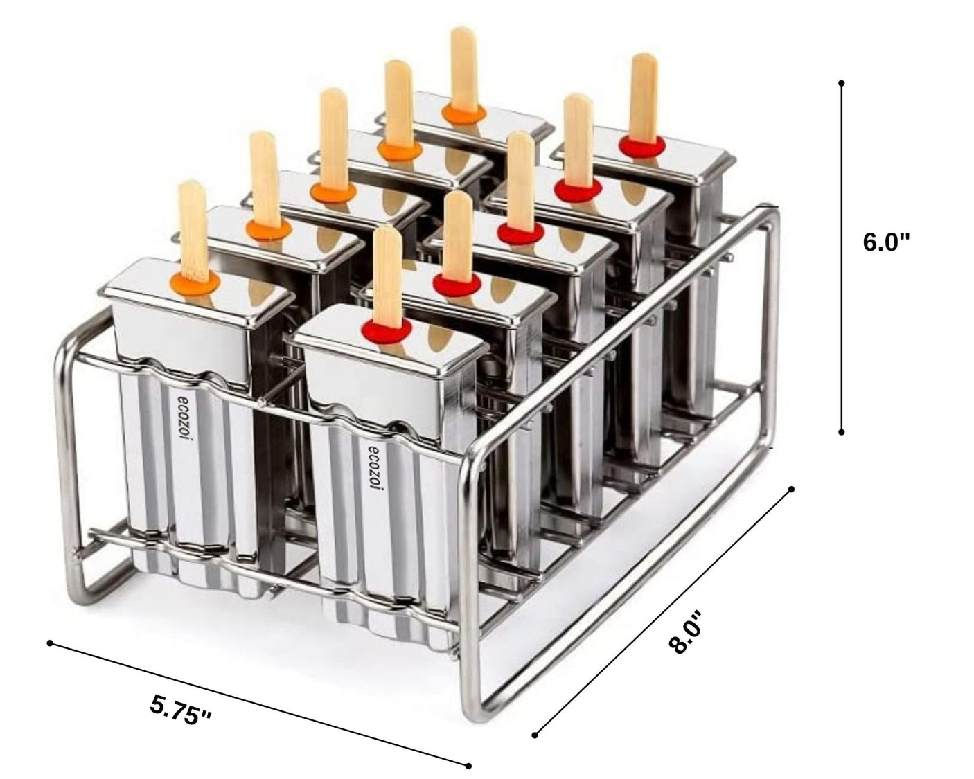 Stainless Steel Popsicle Molds and Rack - 10 Square Ice Pop Makers + 50 Reusable Bamboo Sticks + 20 Silicone Seals + 1 Cleaning Brush + 1 Rack