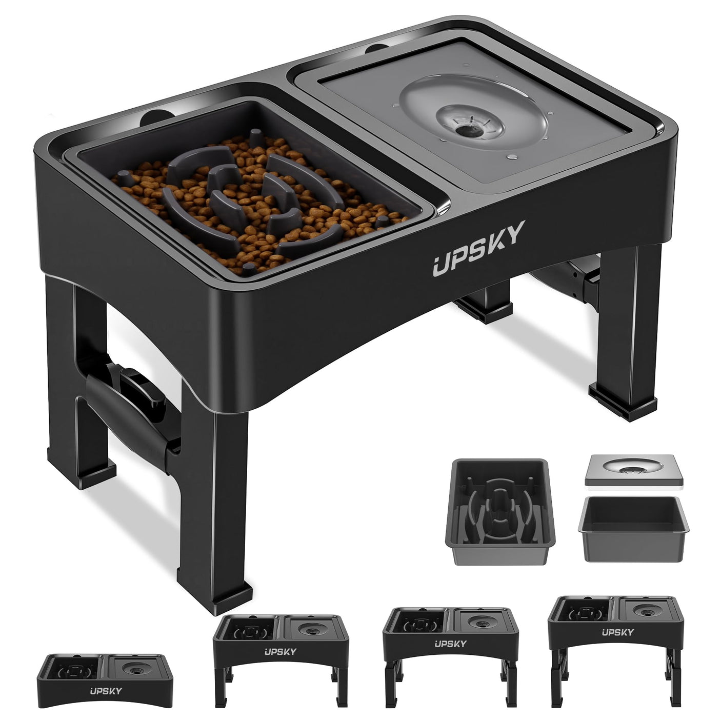 UPSKY 2-in-1 Elevated Dog Bowls Slow Feeder, 4 Height Adjustable Raised Bowls Stand, No Spill Dog Water Bowls, Anti-Slip Food and Water Bowl for Small Medium Dogs(Not Include Stainless Steel Bowl)