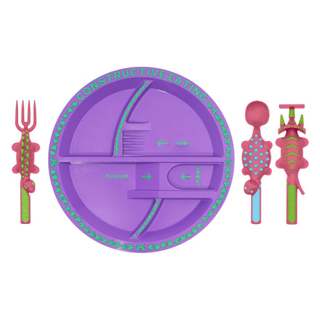 Constructive Eating Plate and Utensils Set - USA-Made Toddler Dinnerware with Divided Plates (Dinosaur)