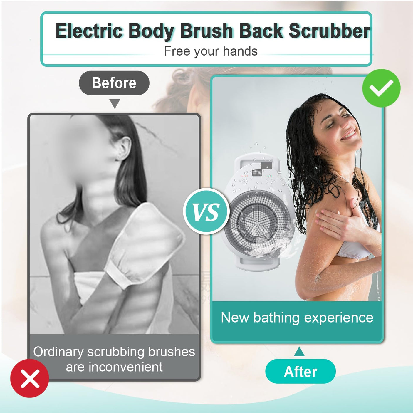 Electric Back Scrubber for Shower, Wall Mounted Electric Shower Back Scrubber, Dry Brushing Body Brush for Bathing, Cleansing, Exfoliating and Massaing, with 3 Spin Skin Bath Brush Heads