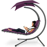 Best Choice Products Outdoor Hanging Curved Steel Chaise Lounge Chair Swing w/Built-in Pillow and Removable Canopy -Red