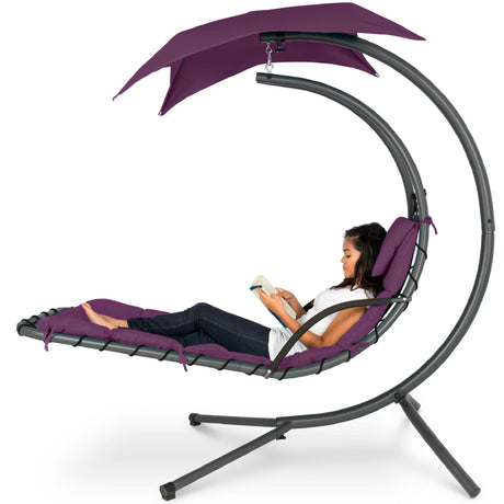 Best Choice Products Outdoor Hanging Curved Steel Chaise Lounge Chair Swing w/Built-in Pillow and Removable Canopy -Red