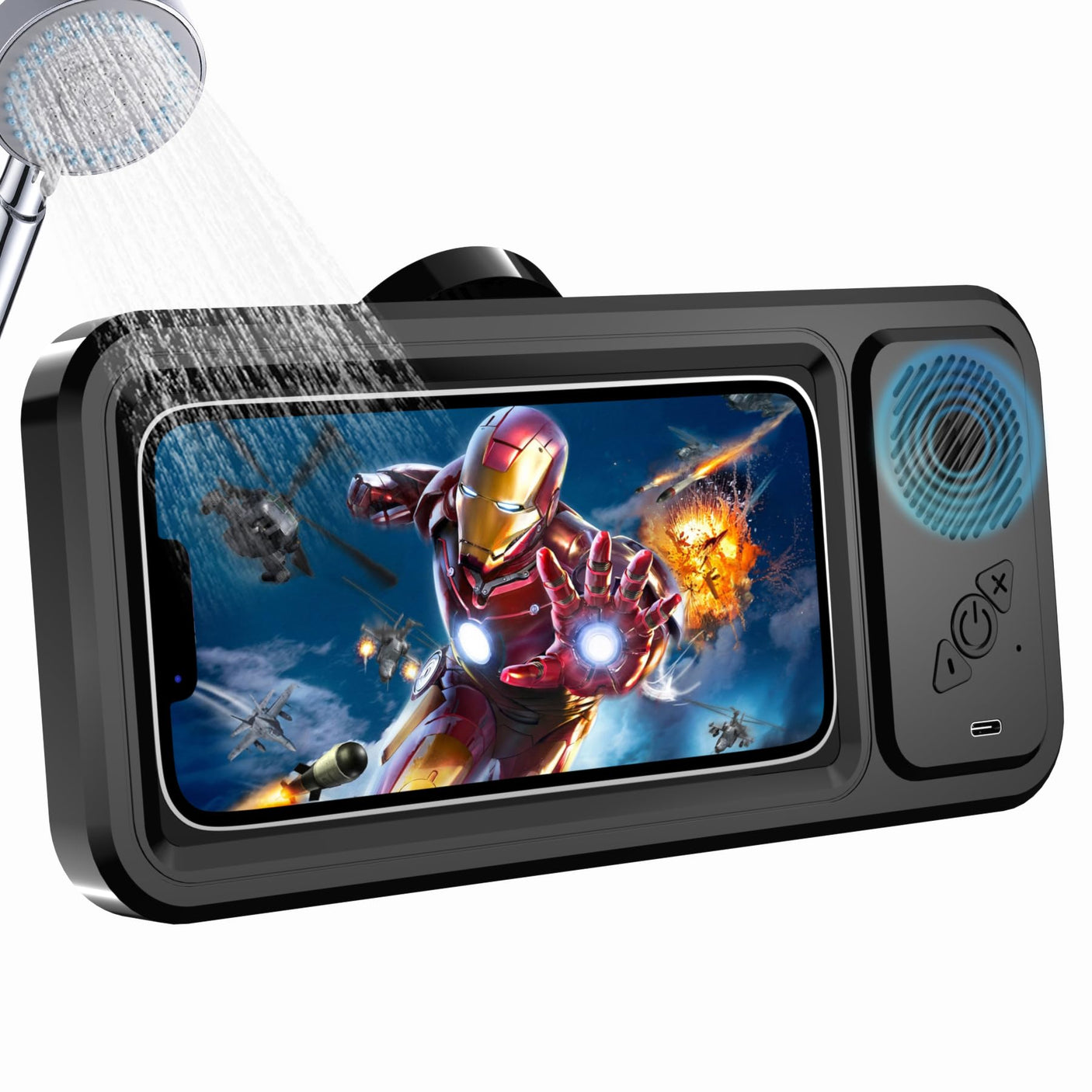 Shower Phone Holder with Wireless Bluetooth Speaker, Waterproof 480 Rotation Viewable Shower Phone Stand Case Mount Speakers for Bathroom Wall Mirro for 4"- 6.8" Cell Phones(Black)