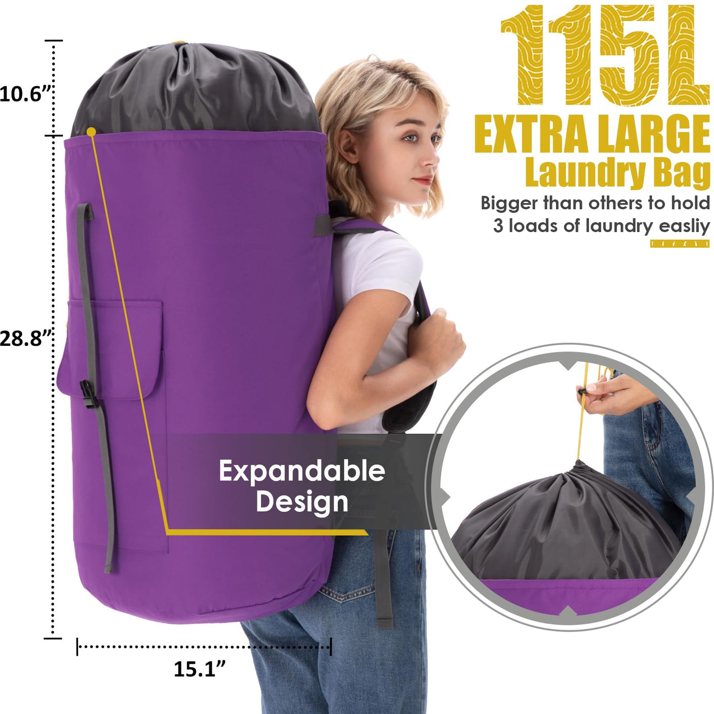 Laundry Bag Backpack Extra Large, 115L Laundry Backpack with Padded Shoulder Strap, Sturdy Travel Laundry Bags, Hanging Laundry Bag for College Dorm, Apartment, Clothes Hamper Bag for Laundromat