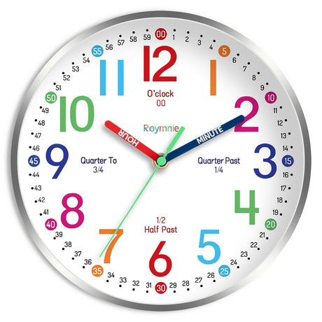 Wall Clock for Kids Learning to Tell Time Easily Non Ticking Battery Operated Kids Teaching Clock Silent Colorful Teaching Time Clock Decorative for Kids Room Classroom School (8 Inch)