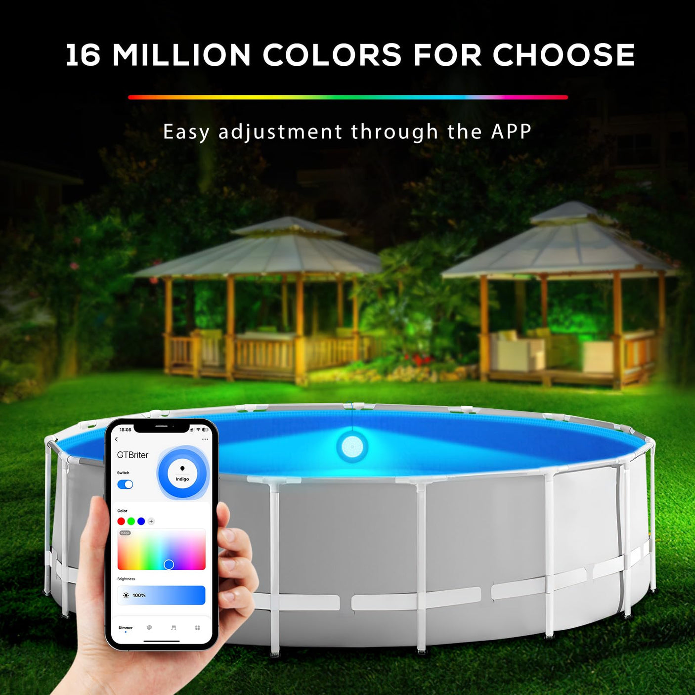 Above Ground Pool Lights with APP Control 20W RGB Dimmable LED Pool Lights with Suction Cups and Built-in Magnets 12V Underwater Pool Light for Above ground Inground Pools IP68 Waterproof 28FT Cord B