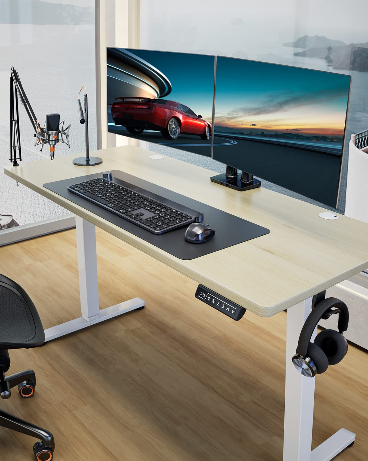 ErGear Height Adjustable Electric Standing Desk, 55 x 28 Inches Sit Stand up Desk, Large Memory Computer Home Office Desk with Two-Piece Desktop (Black)