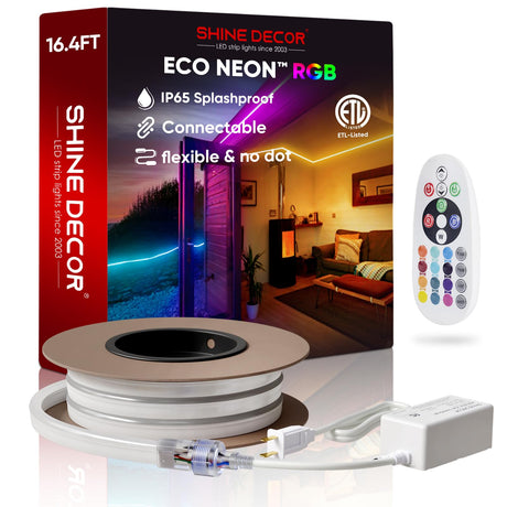 Shine Decor LED RGB Neon Rope Lights AC 120V, Expandable & Cuttable Bright Strip Lighting with Remote, Dimmable Color Changing, ETL Cold-Resistant & IP65 Waterproof for in&Outdoor, 10x20mm, 131.2FT