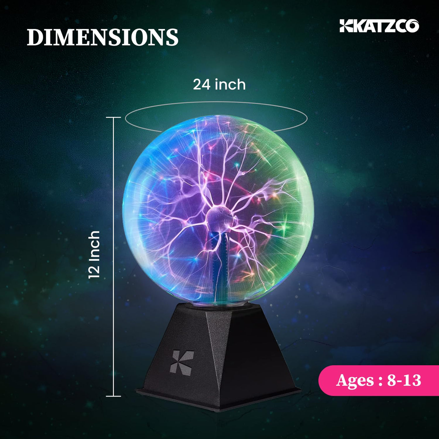 Katzco 7 Inch Plasma Ball Lamp - Touch and Sound Sensitive Electric Globe with Lightning Effects - Plug-in Energy Ball for Parties, Room Decor, and STEM Learning - Static Electricity Sphere for Kids