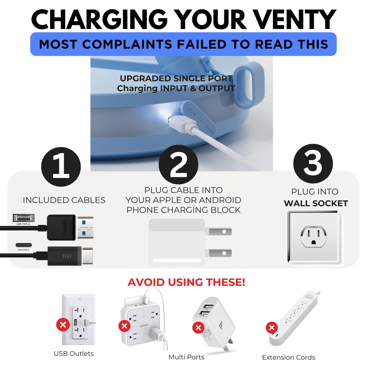 VENTY Original Portable Fan - Wireless Battery Operated Fan With 4 Speeds, LED Lighting, Carry Case & Remote Control - Premium Travel Rechargeable Fan & Power Bank With USB & USB-C Ports (Black)