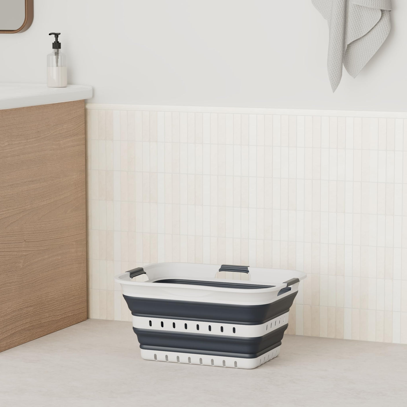 SAMMART 42L (11 gallon) Collapsible Plastic Laundry Basket - Foldable Pop Up Storage Container/Organizer - Space Saving Hamper/Basket (1, White/Grey)