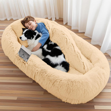 Human Dog Bed, Large Dog Beds for Humans Size Fits You and Pets, Washable Faux Fur Orthopedic Human Pet Bed for People Doze Off, Napping, Present Pillow, Blanket, Strap - Khaki