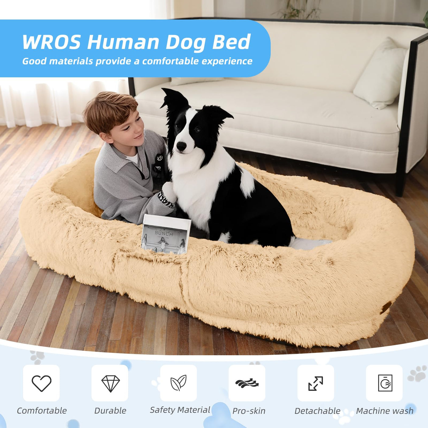 Human Dog Bed, Large Dog Beds for Humans Size Fits You and Pets, Washable Faux Fur Orthopedic Human Pet Bed for People Doze Off, Napping, Present Pillow, Blanket, Strap - Khaki