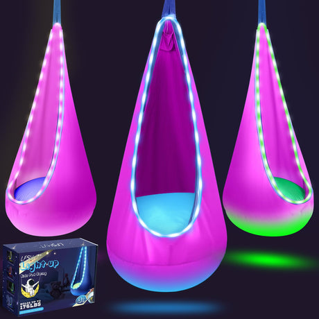 Light Up Kids Pod Swing Seat, Upgraded Kids Hanging Hammock Swing with LED Lights, Cotton Sensory Pod Swing Chair with Inflatable Pillow, Pod Swing for Kids Indoor & Outdoor (1 PCS) (Blue)